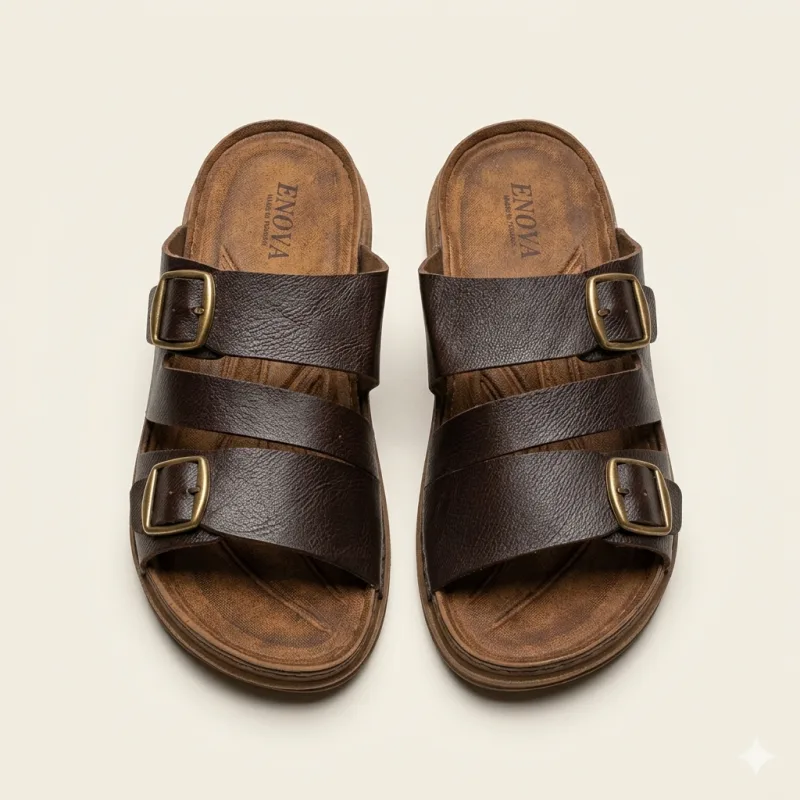 SANDALES EN CUIR MARRON À DOUBLE BOUCLES – CONFORT PREMIUM