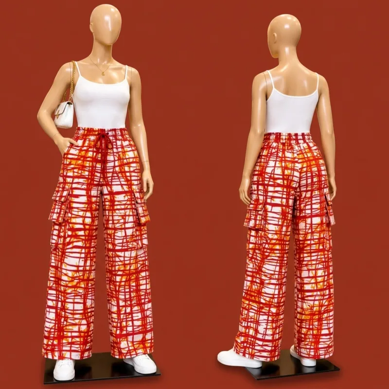 PANTALON FEMME TAILLE HAUTE À MOTIFS GRAPHIQUES – COUPE LARGE