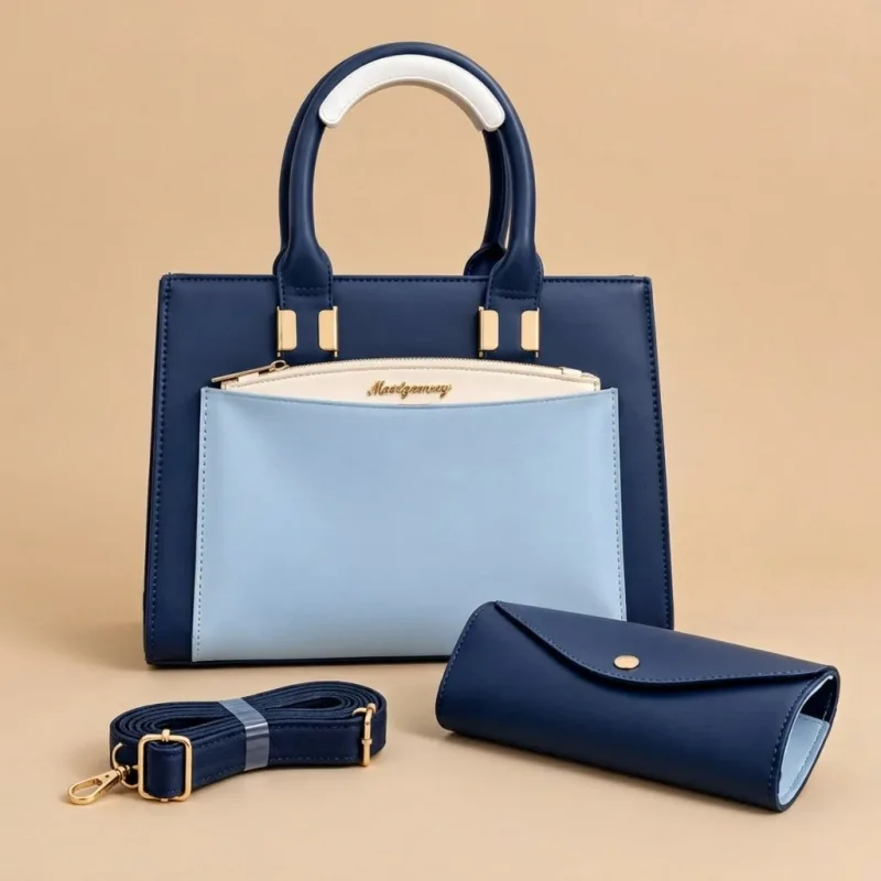 ENSEMBLE SAC À MAIN 3 PIÈCES BLEU NUIT & BLEU CIEL - ÉLÉGANCE MODERNE TRICOLORE