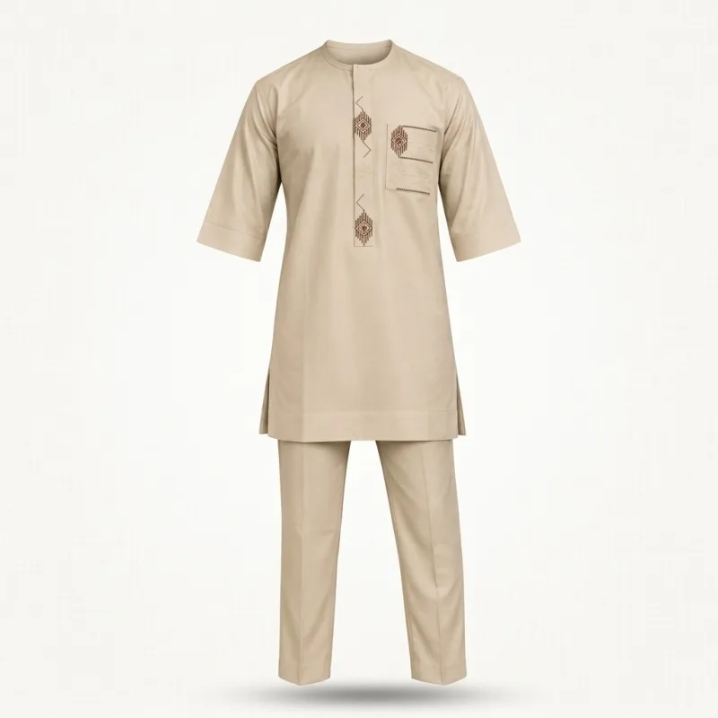 ENSEMBLE AFRICAIN 2 PIÈCES BEIGE SABLE - BRODERIE ÉLITE TRADITION MODERNE