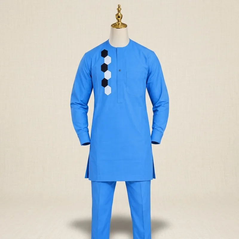 ENSEMBLE AFRICAIN 2 PIÈCES BLEU CIEL - DESIGN HEXAGONE ÉLITE ÉDITION PREMIUM