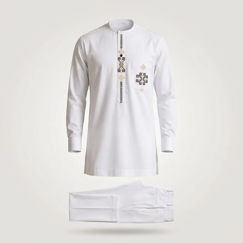 ENSEMBLE AFRICAIN 2 PIÈCES BLANC PUR - BRODERIE ROYALE NOIR ET OR ÉDITION PRESTIGE
