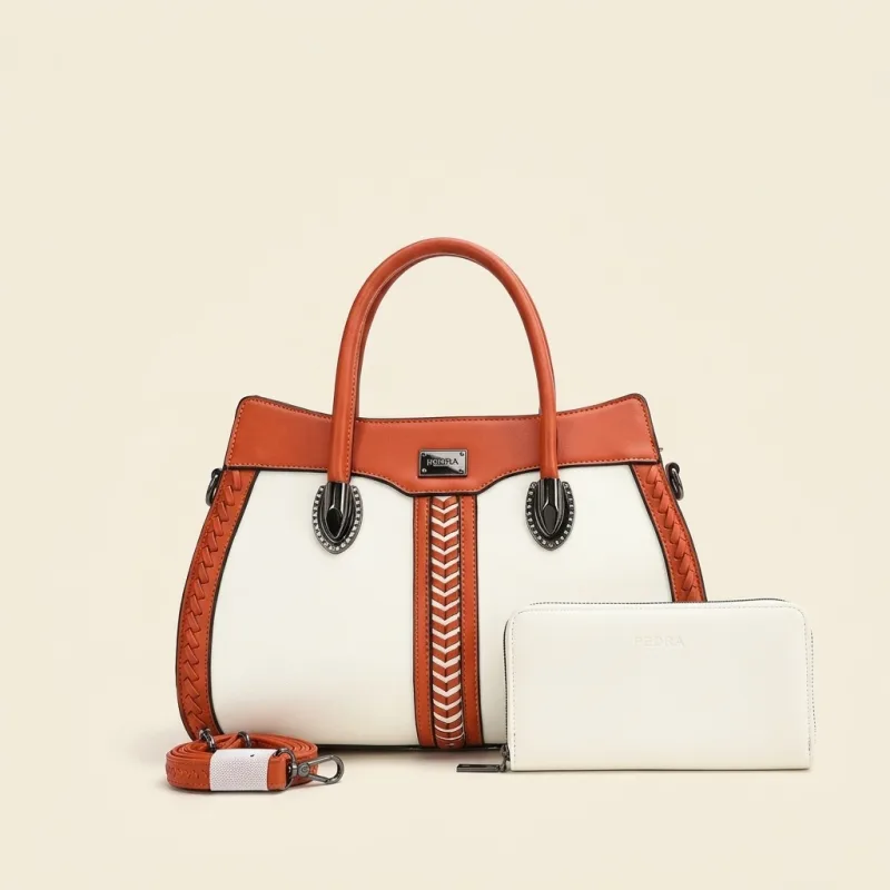 ENSEMBLE SAC À MAIN PEDRA BICOLORE CAMEL BLANC - CUIR TRESSÉ ET PORTEFEUILLE ÉDITION PREMIUM
