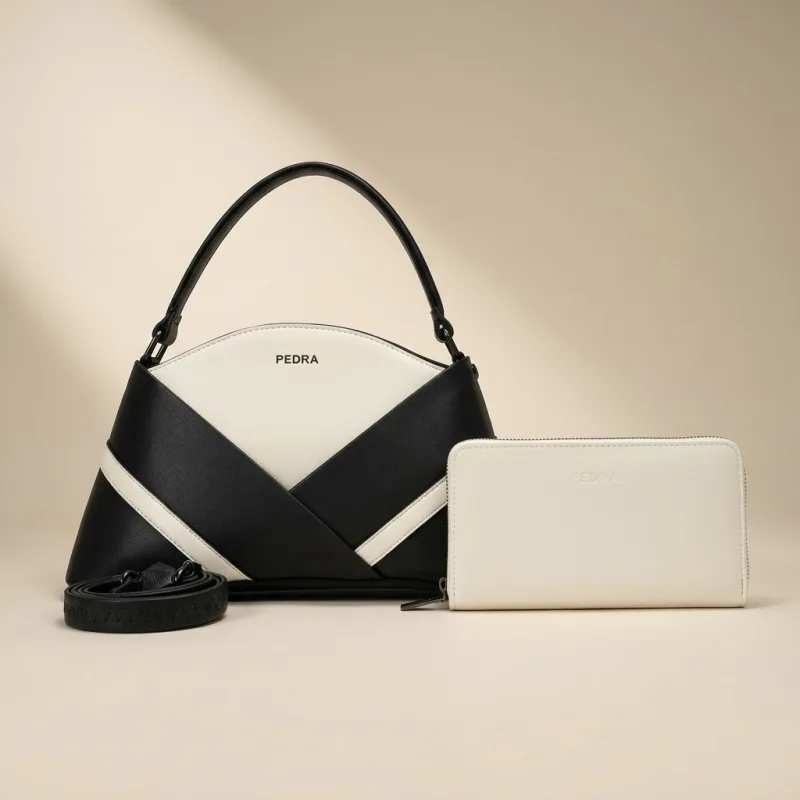 ENSEMBLE SAC À MAIN PEDRA NOIR BLANC GÉOMÉTRIQUE - CUIR DESIGN ET PORTEFEUILLE ÉDITION PREMIUM