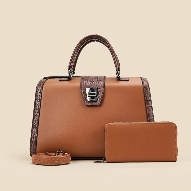 ENSEMBLE SAC À MAIN MARRON CARAMEL CROCO - FERMoir MÉTAL ET PORTEFEUILLE ÉDITION PREMIUM