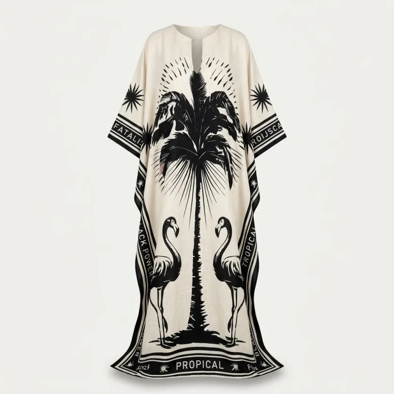 BOUBOU KAFTAN PROPICAL BEIGE NOIR - ROBE PALMIER FLAMANTS TROPICAL CHIC ÉDITION PREMIUM