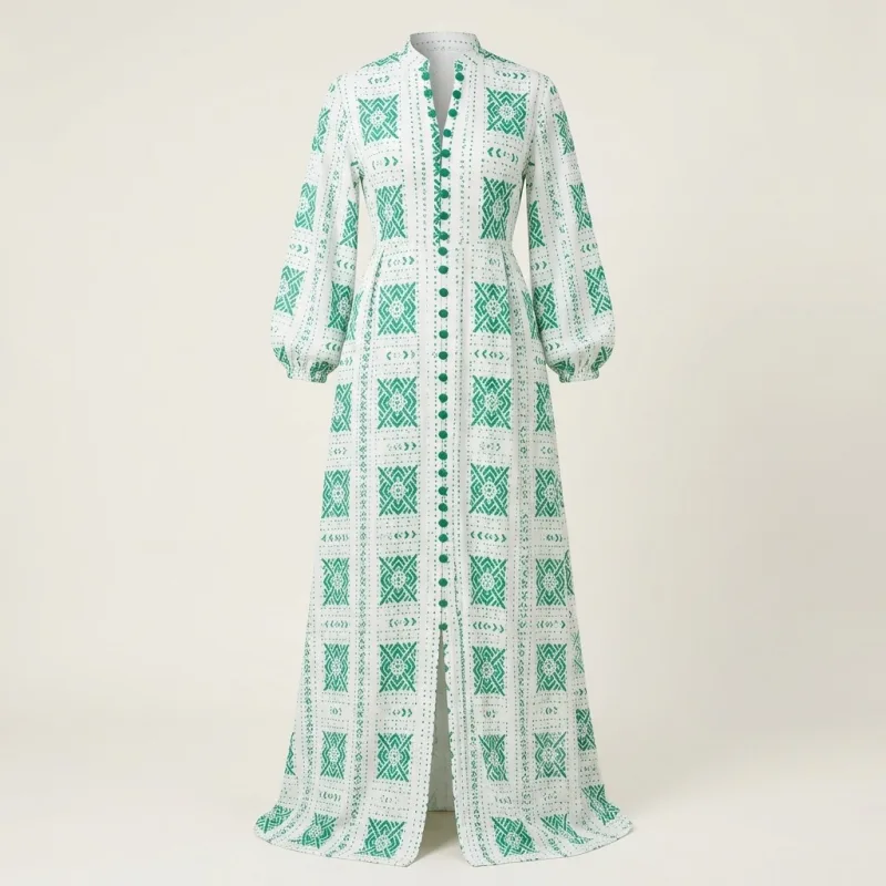 ROBE LONGUE BOHO CHIC BLANC VERT ÉMERAUDE - MOTIF GÉOMÉTRIQUE BOUTONS MANCHES BOUFFANTES ÉDITION PREMIUM