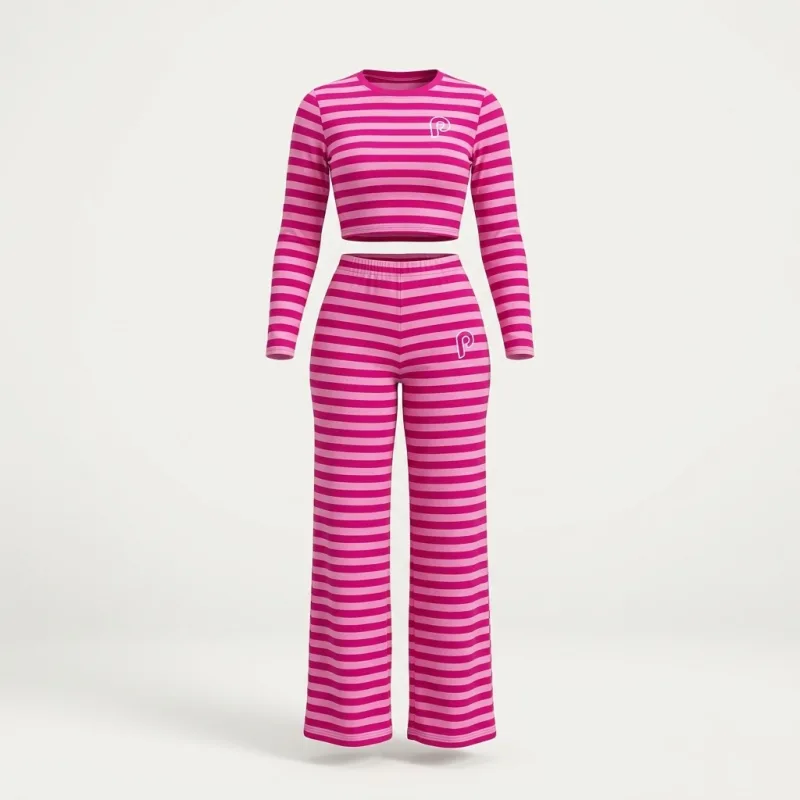 ENSEMBLE 2 PIÈCES RAYÉ ROSE FUCHSIA - CROP TOP MANCHES LONGUES ET PANTALON LARGE ÉDITION PREMIUM