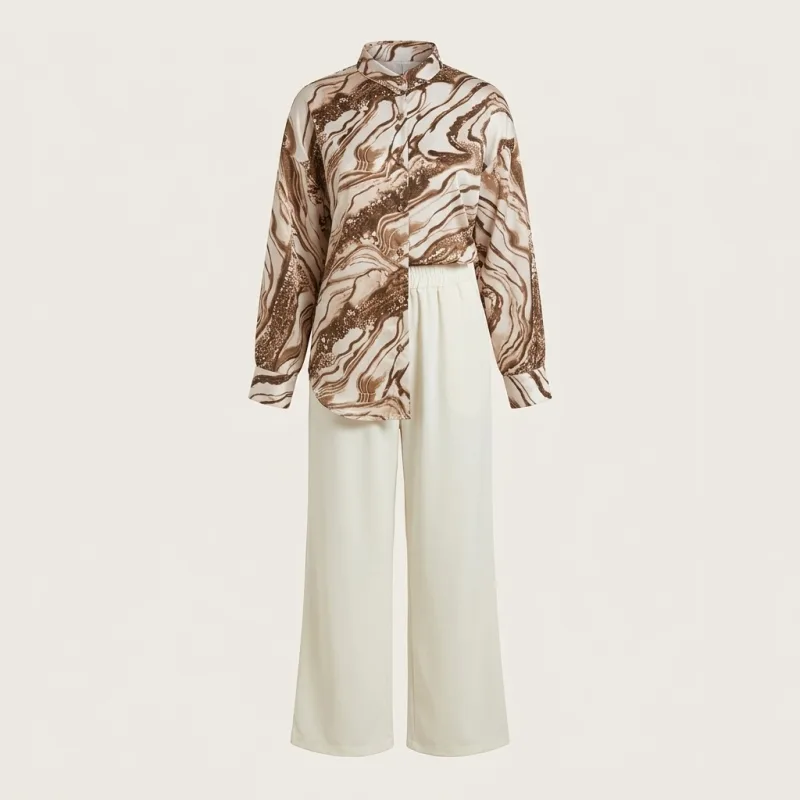 ENSEMBLE 2 PIÈCES CHEMISE MARBRÉ MARRON BEIGE - CHEMISIER SATINÉ ET PANTALON LARGE ÉDITION PREMIUM