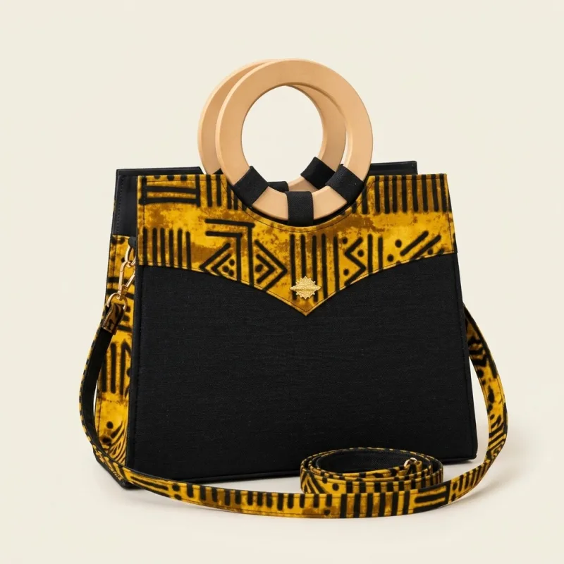 SAC À MAIN AFRO CHIC SIGNATURE D'ÂME - PAGNE MUDCLOTH ROYAL + ANSES BOIS NATUREL + BANDOULIÈRE + ÉDITION REINE