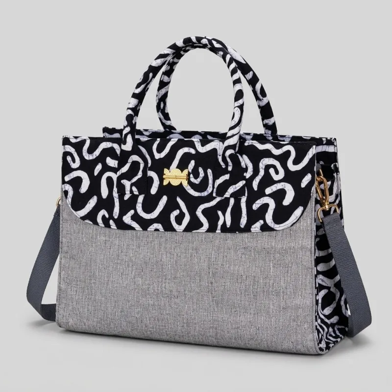 SAC CABAS AFRO MINIMAL SIGNATURE D'ÂME - PAGNE ZEBRA NOIR & BLANC + LIN GRIS PREMIUM + BANDOULIÈRE ÉDITION URBAN CHIC