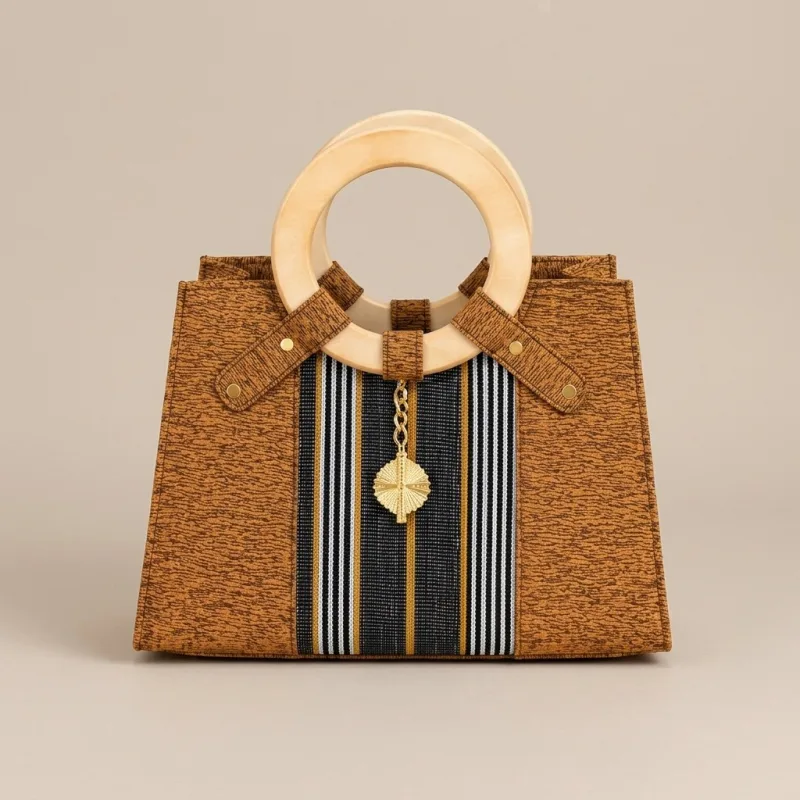 SAC À MAIN BAOULÉ ROYAL SIGNATURE D'ÂME - TISSAGE TRADITIONNEL TERRACOTTA + BANDE BAOULÉ AUTHENTIQUE + ANSES BOIS + PENDENTIF OR ÉDITION HÉRITAGE