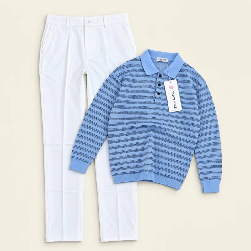 Ensemble Polo en Maille Rayée et Pantalon Chino Blanc