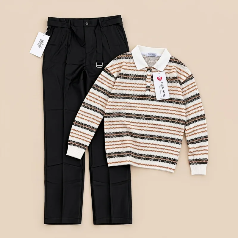 Ensemble Polo en Maille à Rayures Rétro et Pantalon Noir à Pinces