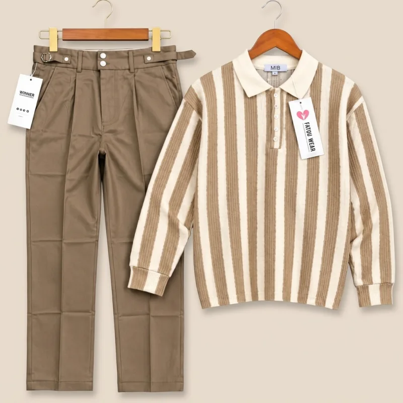 Ensemble Polo en Maille à Rayures Verticales Beige et Pantalon Chino Taupe