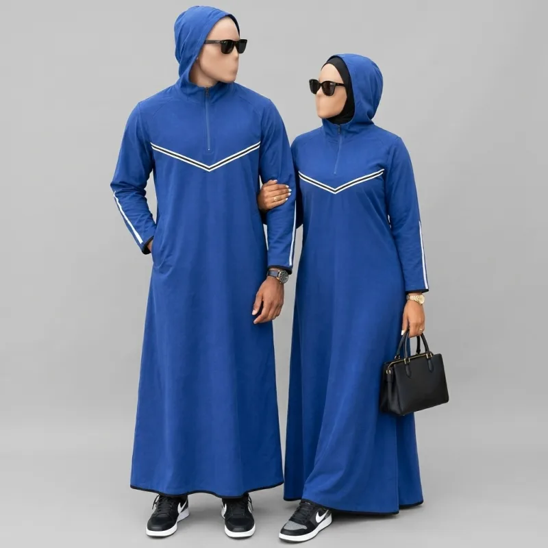 ENSEMBLE COUPLE HOODIE ABAYA SPORT CHIC SIGNATURE D'ÂME - QAMIS & ABAYA CAPUCHE ZIP V-BAND ÉDITION COUPLE ROYAL BLEU ÉLECTRIQUE