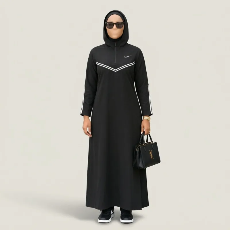 ABAYA HOODIE FEMME SPORT CHIC SIGNATURE D'ÂME - ROBE CAPUCHE ZIP V-BAND ÉDITION FEMME ROYALE NOIR INTENSE