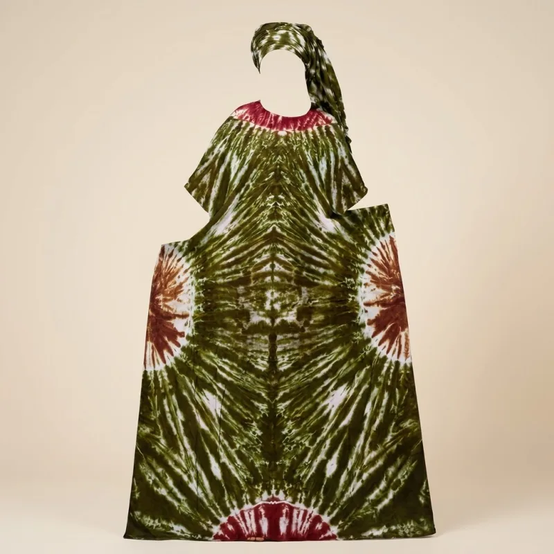 GRAND BOUBOU BATIK PRESTIGE SIGNATURE D'ÂME - VERT FORÊT & BORDEAUX FEU D'ARTIFICE + FOULARD ASSORTI ÉDITION ROYALE