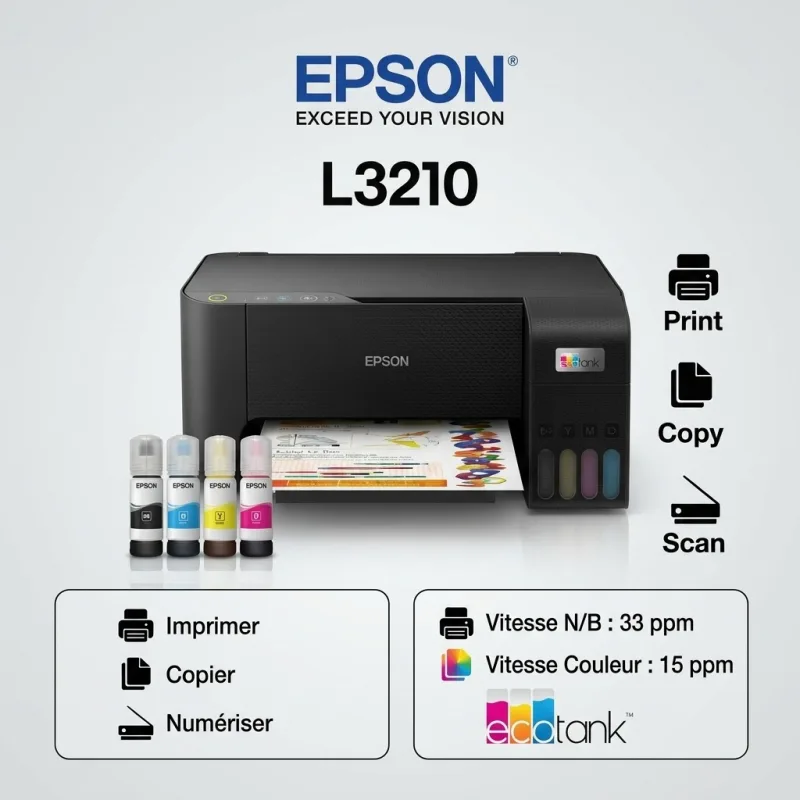 IMPRIMANTE 3 EN 1 EPSON L3210 ECOTANK - IMPRIMER COPIER SCANNER ÉDITION ÉCONOMIE TOTALE